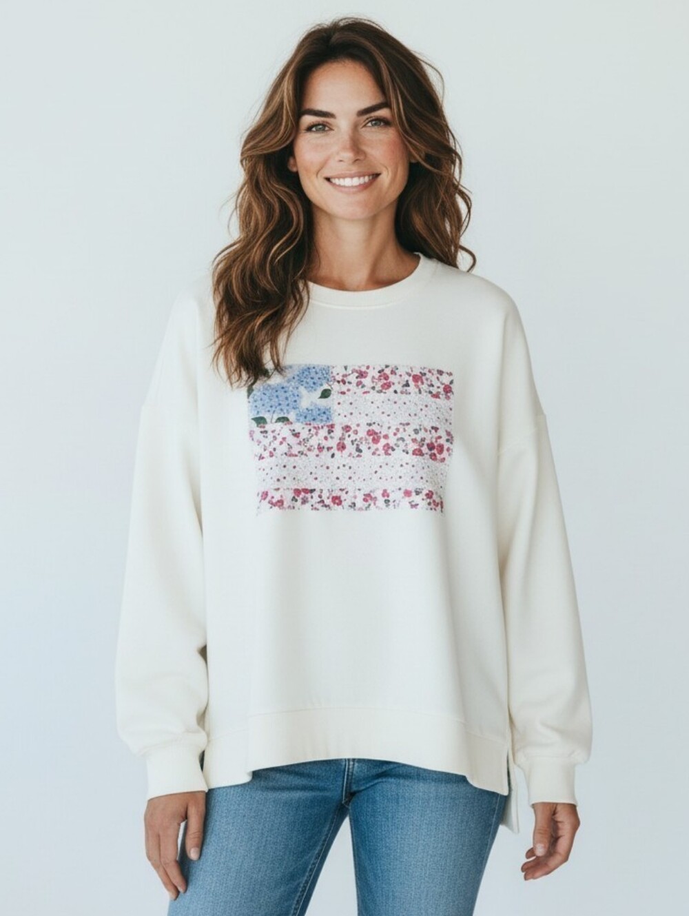 Belle by Kim Gravel Cotton Blend Oversized White Sweatshirt with Floral Patch